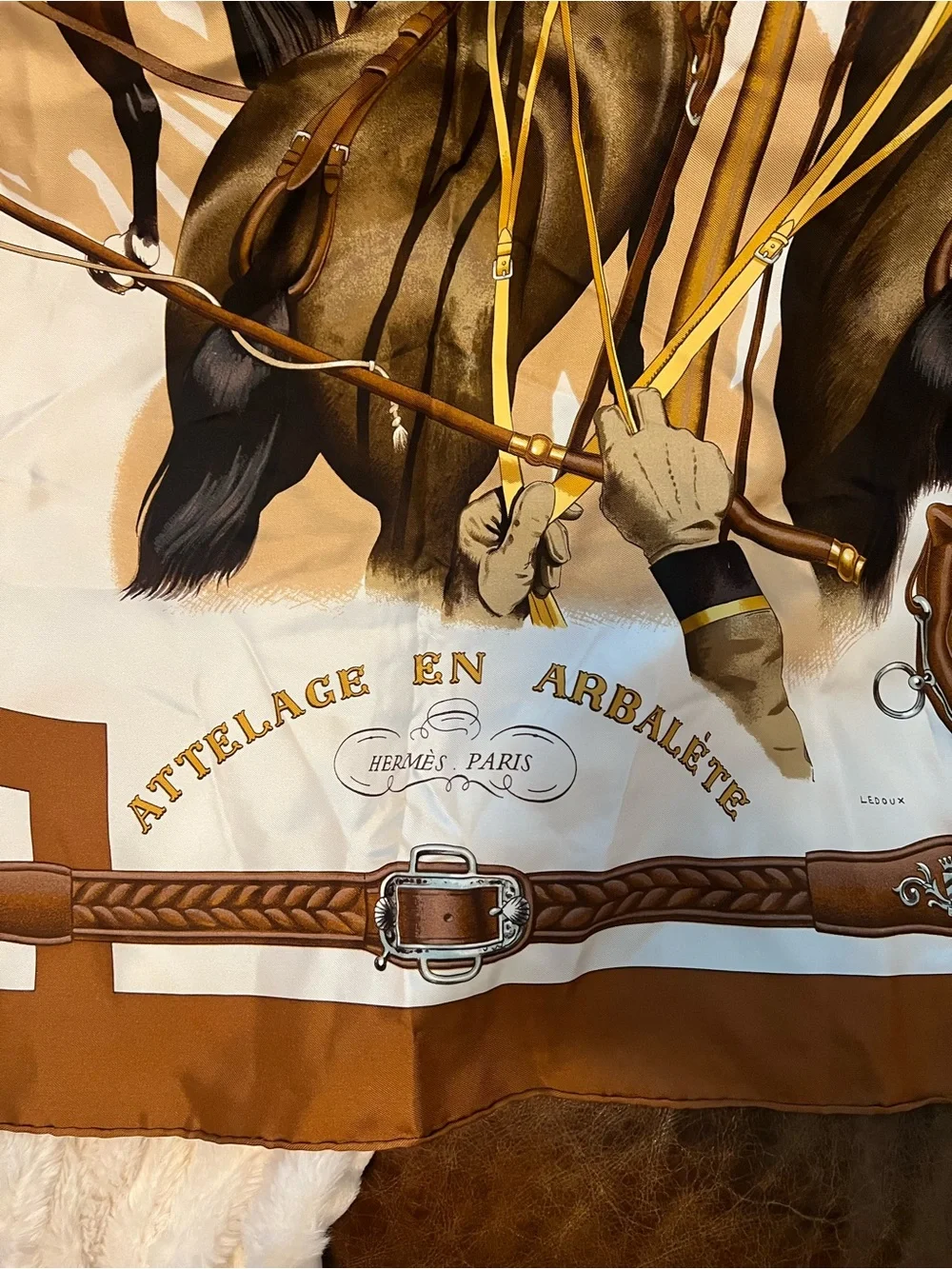 Hermes Brown and Cream Horse-Drawn Carriage Silk Scarf